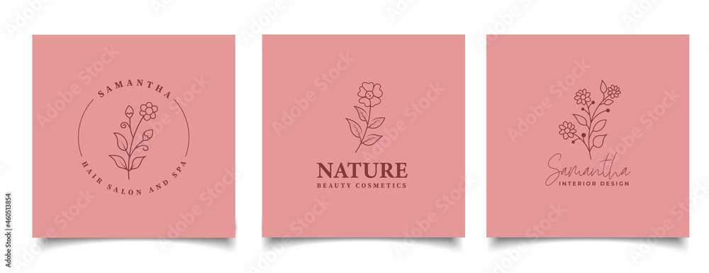 Feminine logos collection, hand drawn modern minimalistic and watercolor badge templates for branding, identity, boutique, salon.