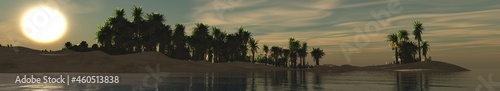 Beautiful seascape with a tropical beach with palm trees at sunset, 3D rendering 