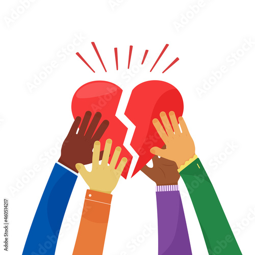 Charity and community vector icon. Broken heart holding by different people. Volunteer, love and compassion concept. Social illustration
