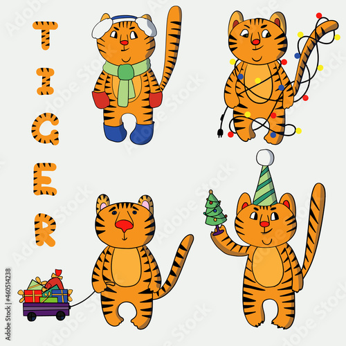 Fototapeta Naklejka Na Ścianę i Meble -  Funny chinese tigers set. Cute cartoon character. The tiger is the symbol of the year 2022. Vector illustration for children. Isolated on a white background.
