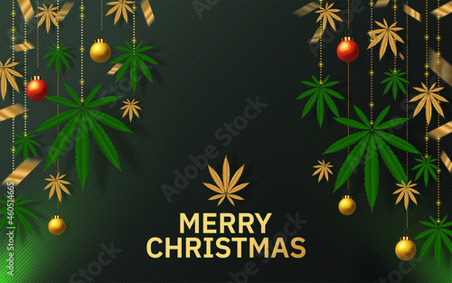 Merry Christmas  cannabis marijuana plant greeting card elements paper cut with craft style on background.