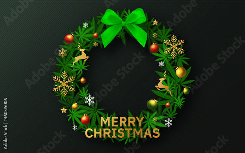 Merry Christmas  cannabis marijuana plant greeting card elements paper cut with craft style on background.