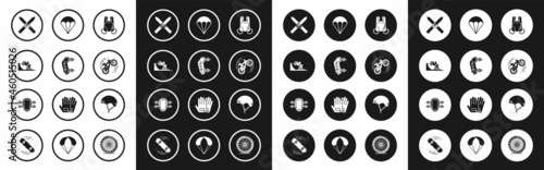 Set Parachute, Knee pads, Bicycle on street ramp, Ski and sticks, trick, Helmet and icon. Vector