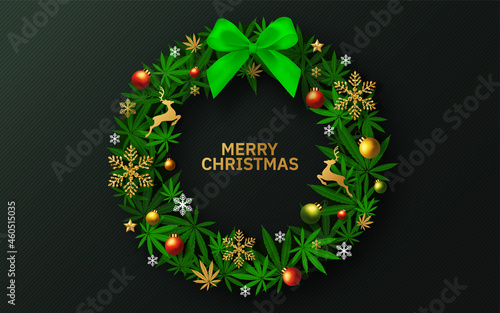 Merry Christmas  cannabis marijuana plant greeting card elements paper cut with craft style on background.