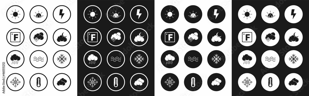 Set Lightning bolt, Cloud with snow and sun, Fahrenheit, Sun, moon stars, Sunrise, Snowflake and rain icon. Vector Set Lightning bolt, Cloud with snow and sun, Fahrenheit, Sun, moon stars, Sunrise, Snowflake and rain icon. Vector