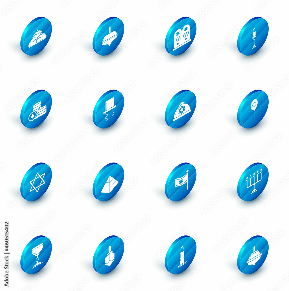 Set Hanukkah dreidel, Tombstone with star of david, Burning candle in candlestick, Jewish coin, Star David, Orthodox jewish hat sidelocks, Balloons ribbon and kippah icon. Vector Set Hanukkah dreidel, Tombstone with star of david, Burning candle in candlestick, Jewish coin, Star David, Orthodox jewish hat sidelocks, Balloons ribbon and kippah icon. Vector