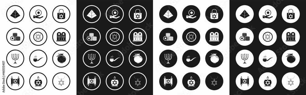 Set Shopping bag with star of david, Jewish coin, Egypt pyramids, Tombstone, hand, Pomegranate and Hanukkah menorah icon. Vector Set Shopping bag with star of david, Jewish coin, Egypt pyramids, Tombstone, hand, Pomegranate and Hanukkah menorah icon. Vector