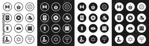 Set Jewish coin, torah book, Torah scroll, Burning candle candlestick with star of david, Tombstone and icon. Vector