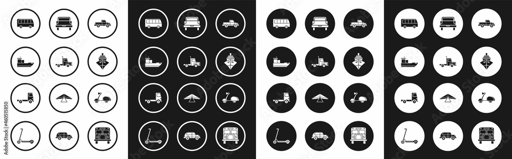Set Pickup truck, Delivery cargo vehicle, Cargo ship, Bus, Scooter and icon. Vector