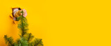 Hand holds a Christmas tree on a yellow background. Concept for New Years and Christmas Eve. Banner