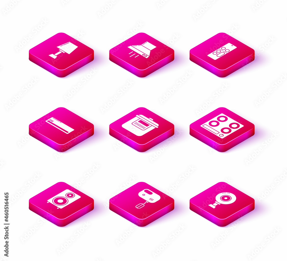 Set Stereo speaker, Electric mixer, Air conditioner, Slow cooker, Web camera, Gas stove, Remote control and Kitchen extractor fan icon. Vector Set Stereo speaker, Electric mixer, Air conditioner, Slow cooker, Web camera, Gas stove, Remote control and Kitchen extractor fan icon. Vector