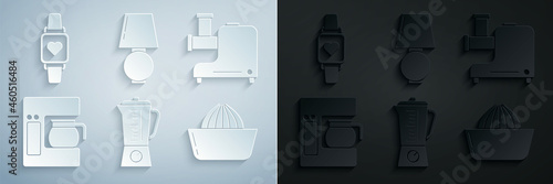 Set Blender, Kitchen meat grinder, Coffee machine with glass pot, Citrus fruit juicer, Table lamp and Smart watch showing heart beat rate icon. Vector
