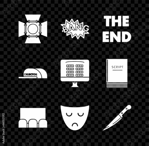 Set Movie spotlight, Bang boom text speech bubble balloon, The End handwritten inscription, , Drama theatrical mask, Knife, Cap with director and Buy cinema ticket online icon. Vector