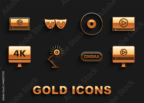 Set Table lamp, Online play video, Cinema poster design template, Computer PC monitor with 4k technology, CD DVD disk, and Comedy and tragedy theatrical masks icon. Vector