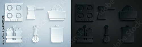 Set Pizza knife, Citrus fruit juicer, Salt and pepper, Cooking pot, Coffee turk and Gas stove icon. Vector