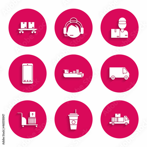 Set Cargo ship with boxes delivery service, Coffee cup, Delivery truck cardboard, cargo vehicle, Electric hand and, Mobile phone app tracking, man and Railway carriage icon. Vector