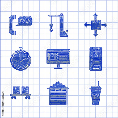 Set Computer monitor with app delivery tracking, Closed warehouse, Coffee cup, Mobile phone, Railway carriage, Stopwatch, Cardboard box traffic symbol and Telephone speech bubble chat icon. Vector