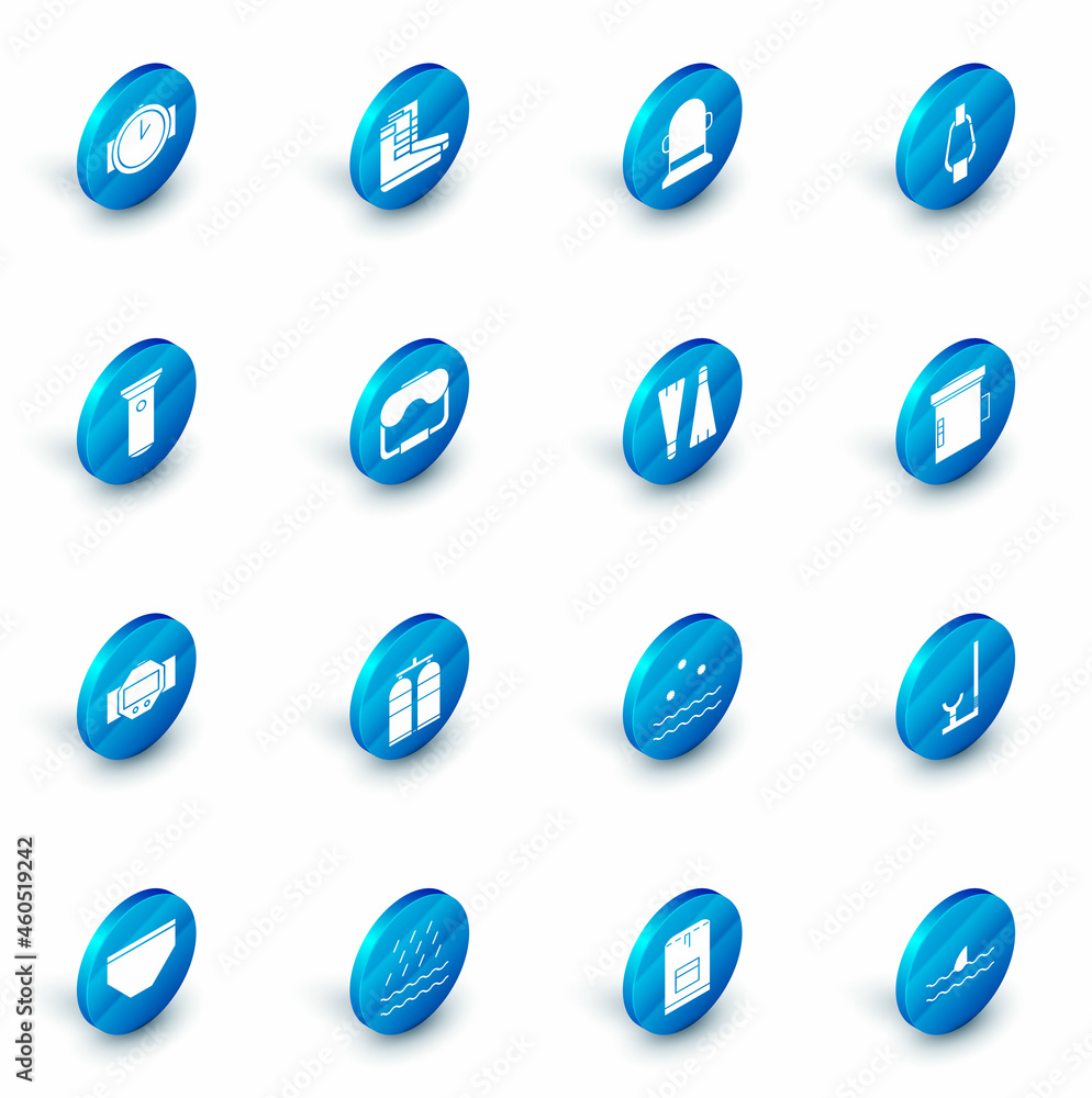 Set Boots, Buoy, Carabiner, Flashlight, Diving watch, mask, Big flashlight for diver and Rubber flippers swimming icon. Vector Set Boots, Buoy, Carabiner, Flashlight, Diving watch, mask, Big flashlight for diver and Rubber flippers swimming icon. Vector