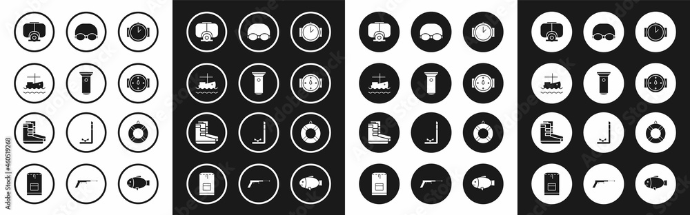 Set Diving watch, Flashlight, Fishing boat on water, mask, Wind rose, Glasses and cap for swimming, Lifebuoy and Boots icon. Vector