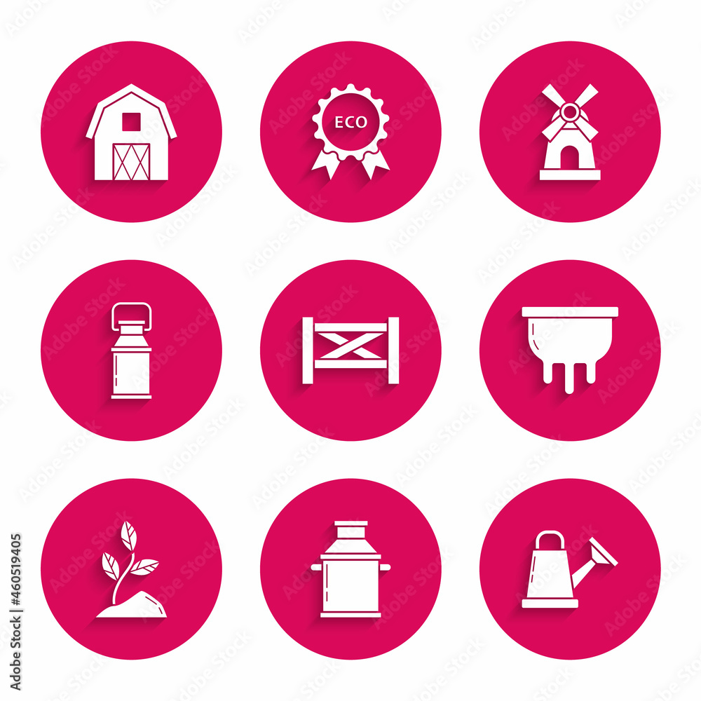 Set Garden fence wooden, Can container for milk, Watering can, Udder, Sprout, Windmill and Farm House concept icon. Vector Set Garden fence wooden, Can container for milk, Watering can, Udder, Sprout, Windmill and Farm House concept icon. Vector