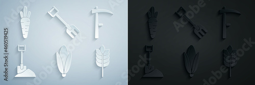 Set Corn, Scythe, Shovel in ground, Cereals with rice, wheat, corn, oats, rye, Garden rake and Carrot icon. Vector