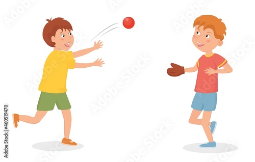 Happy boys play baseball. Vector flat Illustration