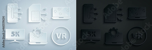 Set Laptop and gear, Monitor display with 5k video, Virtual reality, Sim card and Smartphone, mobile phone icon. Vector