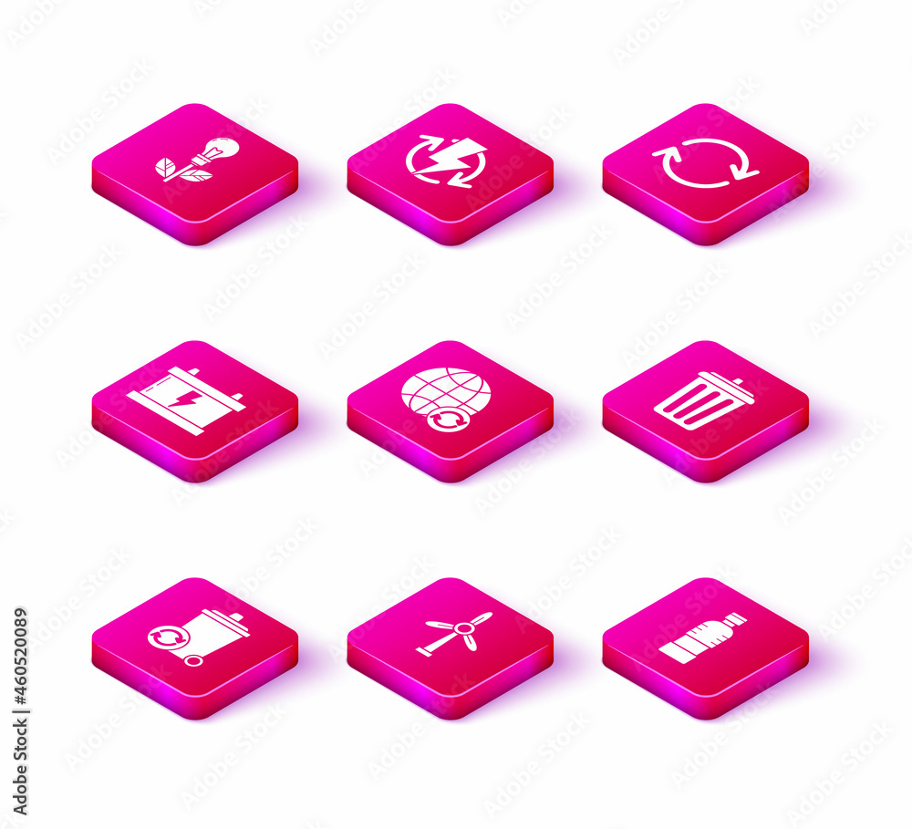 Set Recycle bin with recycle symbol, Wind turbine, Car battery, Planet earth and recycling, Bottle of water, Trash can, Refresh and Recharging icon. Vector Set Recycle bin with recycle symbol, Wind turbine, Car battery, Planet earth and recycling, Bottle of water, Trash can, Refresh and Recharging icon. Vector