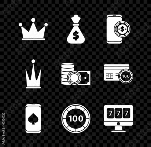 Set Crown, Money bag, Online poker table game, Casino chips, slot machine with lucky sevens jackpot, and and stacks money cash icon. Vector