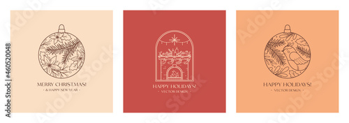 Xmas linear emblems with decorated fireplace and decorative baubles.Vector Christmas and New Year festive labels with traditional winter holiday symbols.Holiday celebration concepts.