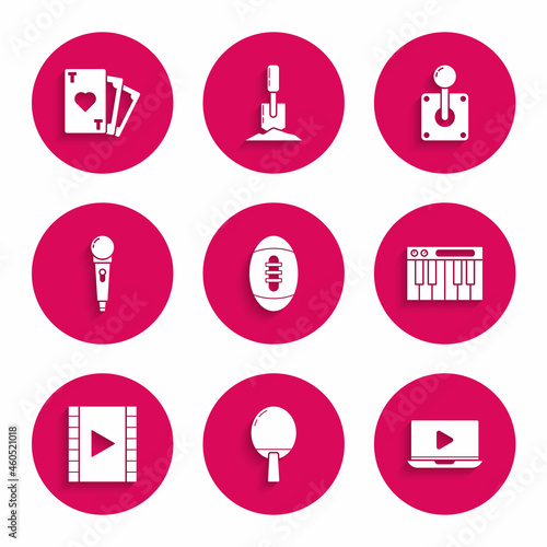 Set American Football ball, Racket for playing table tennis, Online video, Music synthesizer, Play Video, Microphone, Joystick arcade machine and Playing card with heart symbol icon. Vector