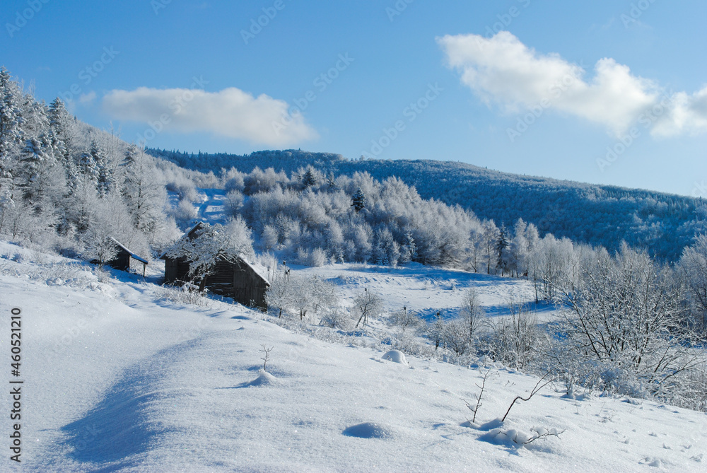 Winter mountain landscape on a sunny day, Beskids, Poland Winter mountain landscape on a sunny day, Beskids, Poland