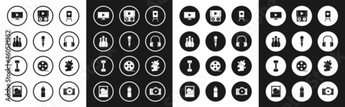 Set Wood easel or painting art boards, Microphone, Bowling pin, Online play video, Headphones, Portable game console, Piece of puzzle and Dumbbell icon. Vector