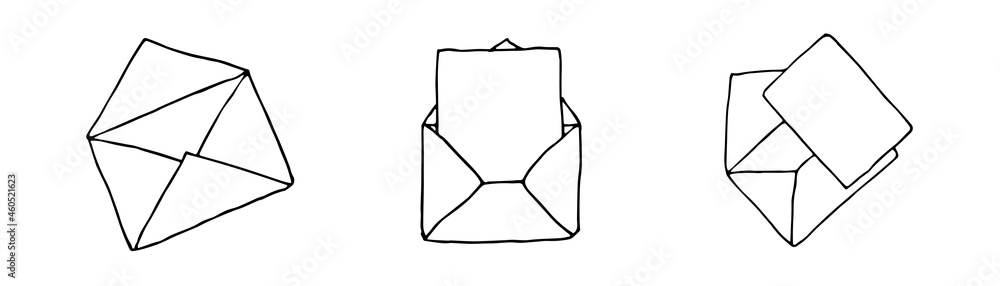 Mail icons collection, open envelopes, email symbol. Sketch letter set. Hand drawn doodle cartoon style. Vector drawing illustration. Letter icon. Open outline envelope Mail icons collection, open envelopes, email symbol. Sketch letter set. Hand drawn doodle cartoon style. Vector drawing illustration. Letter icon. Open outline envelope