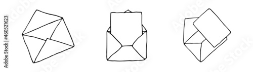 Mail icons collection, open envelopes, email symbol. Sketch letter set. Hand drawn doodle cartoon style. Vector drawing illustration. Letter icon. Open outline envelope