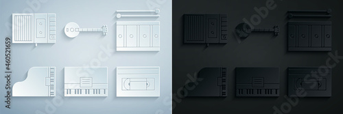 Set Piano, Drum with drum sticks, Grand piano, VHS video cassette tape, Banjo and Music player icon. Vector