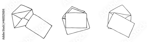 Mail icons collection, open envelopes, email symbol. Sketch letter set. Hand drawn doodle cartoon style. Vector drawing illustration. Letter icon. Open outline envelope