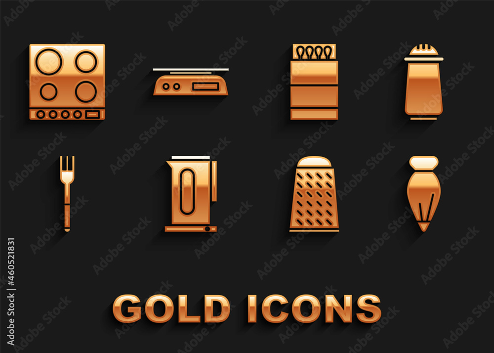 Set Kettle with handle, Salt pepper, Pastry bag for decorate cakes, Grater, Fork, Open matchbox matches, Gas stove and Electronic scales icon. Vector Set Kettle with handle, Salt pepper, Pastry bag for decorate cakes, Grater, Fork, Open matchbox matches, Gas stove and Electronic scales icon. Vector