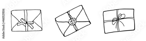 Mail icons collection, closed envelopes, email symbol. Sketch letter set. Hand drawn doodle cartoon style. Vector drawing illustration. Letter icon. Closed outline envelope