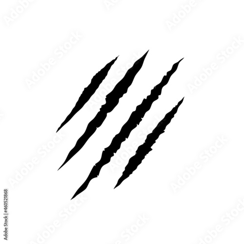 Black bloody claws animal scratch scrape track. Cat, tiger, bear, lion scratches paw shape. Four nails trace. Funny design element. Vector illustration isolated on white background photo