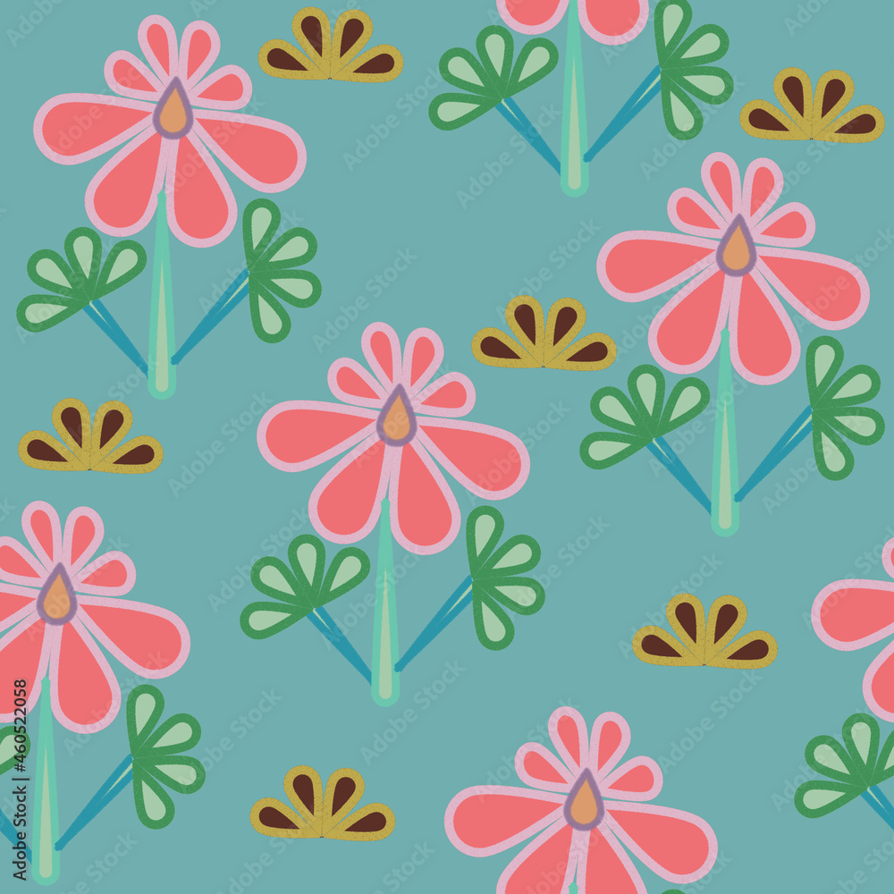 Seamless pattern of abstract floral elements on a green background for textiles. Seamless pattern of abstract floral elements on a green background for textiles.