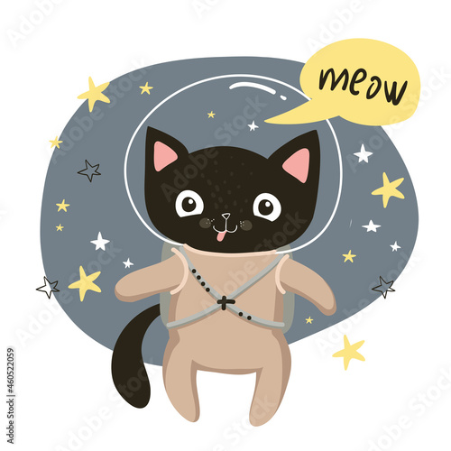 Black cat cosmonaut in the space, vector illustration for kids
