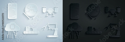 Set Conveyor belt with cardboard box, Drone flying action camera, Internet of things, Industrial machine robotic robot arm hand factory, Robot vacuum cleaner and Computer api interface icon. Vector