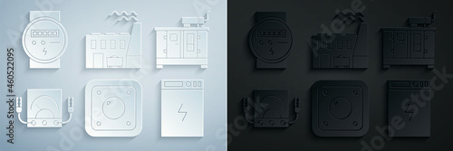 Set Electric light switch, Diesel power generator, Ampere meter, multimeter, voltmeter, Power bank, Coal plant and factory and icon. Vector