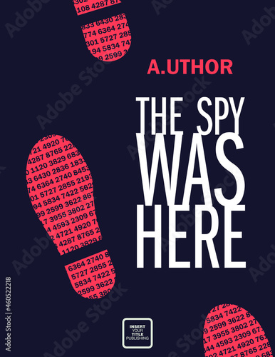 Red footprints with cipher inside. Book cover creative concept. Fiction or non-fiction genre. Mid century style design. Clipping mask used.