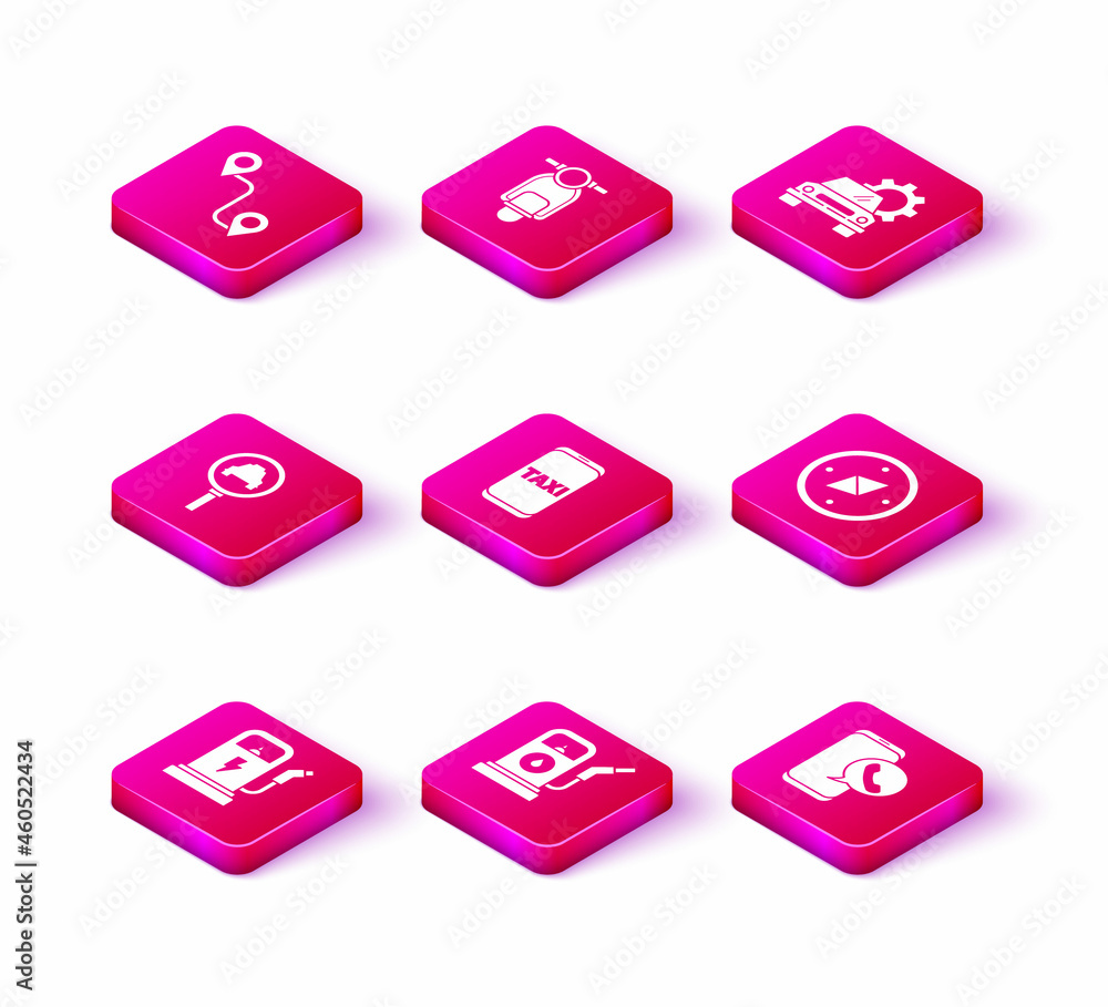 Set Electric car charging station, Petrol or Gas, Magnifying glass and taxi, Taxi call telephone service, Compass, Car and Scooter icon. Vector Set Electric car charging station, Petrol or Gas, Magnifying glass and taxi, Taxi call telephone service, Compass, Car and Scooter icon. Vector