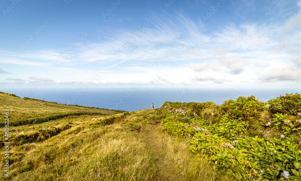Hiker at Azores islands, travel destination, nature and landscape.
