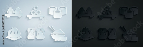 Set Geta traditional Japanese shoes, Sushi, Khinkali cutting board, Rice bowl with chopstick, and icon. Vector