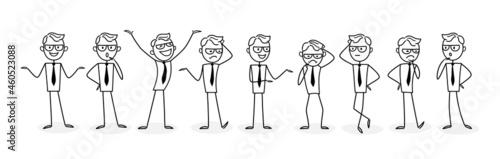 Set of characters. Emotions. People working in the office, negotiating and discussing issues, solve problems, developing ideas, taking part in business activities. Concept for web design. The outline 