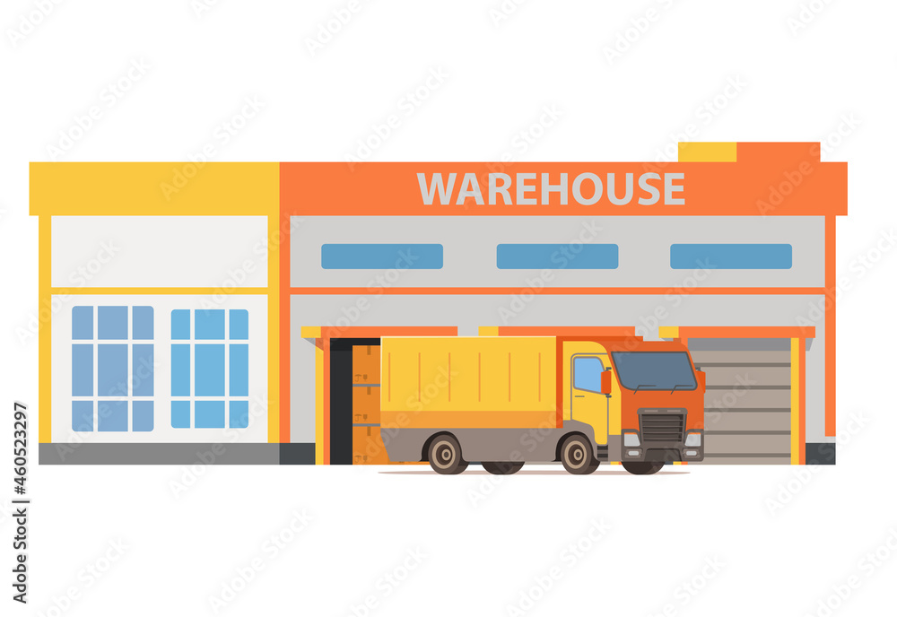 Fototapeta premium Warehouse building with gates. Storage of goods. Cargo truck car delivery.Vector flat illustration.Isolated on white background.